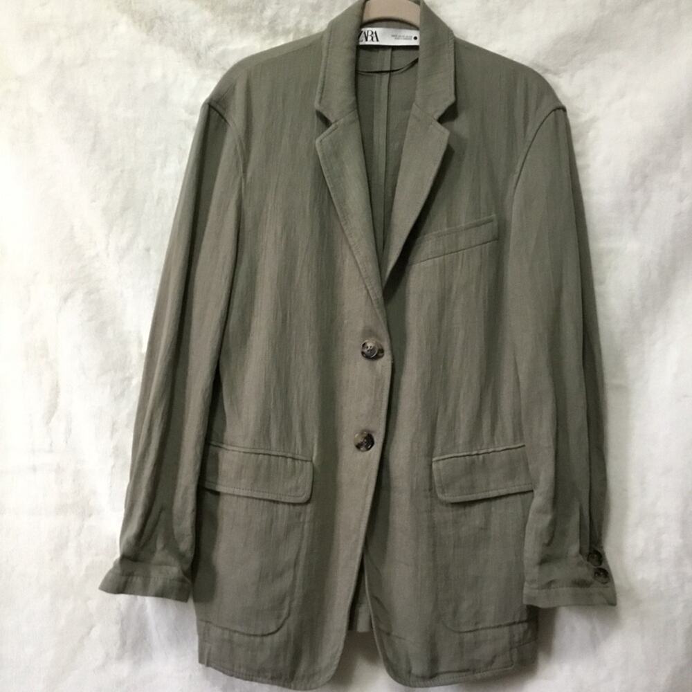 Zara Olive Green Linen Blend Button Over-Sized Blazer - Picture 13 of 14